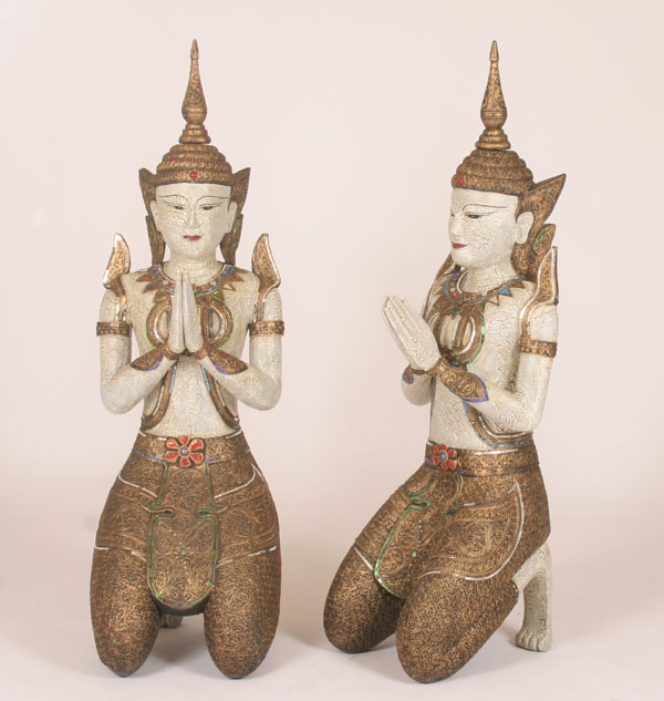 Appraisal: Large Thai temple goddesses wood and composition construction crackle painted