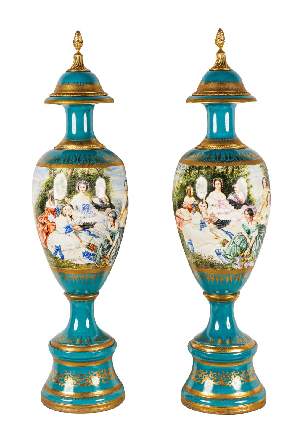 Appraisal: PAIR OF MONUMENTAL SEVRES-STYLE PORCELAIN COVERED URNSmodern each decorated with