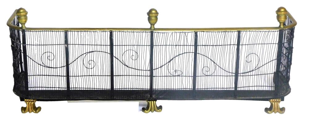 Appraisal: Fire fender brass rail with three urn style finials curved