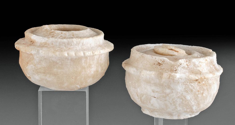 Appraisal: Mesopotamian Alabaster Jars w Lid Ancient Near East Mesopotamia late