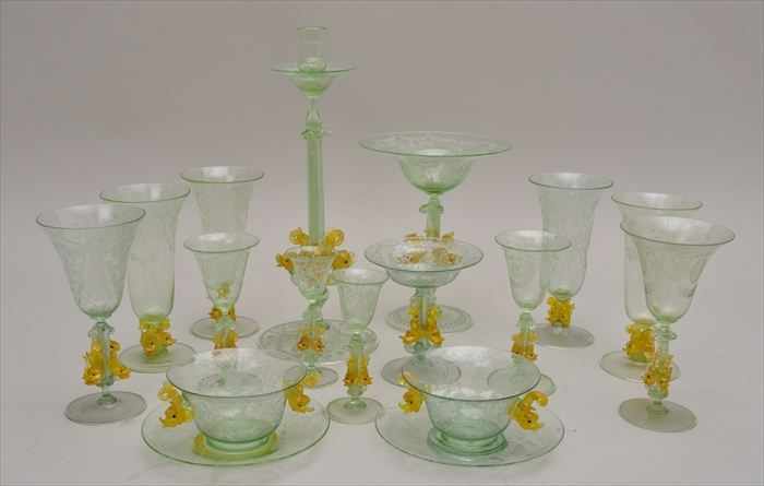 Appraisal: VENETIAN ENGRAVED PALE GREEN GLASS PART TABLE SERVICE Engraved with