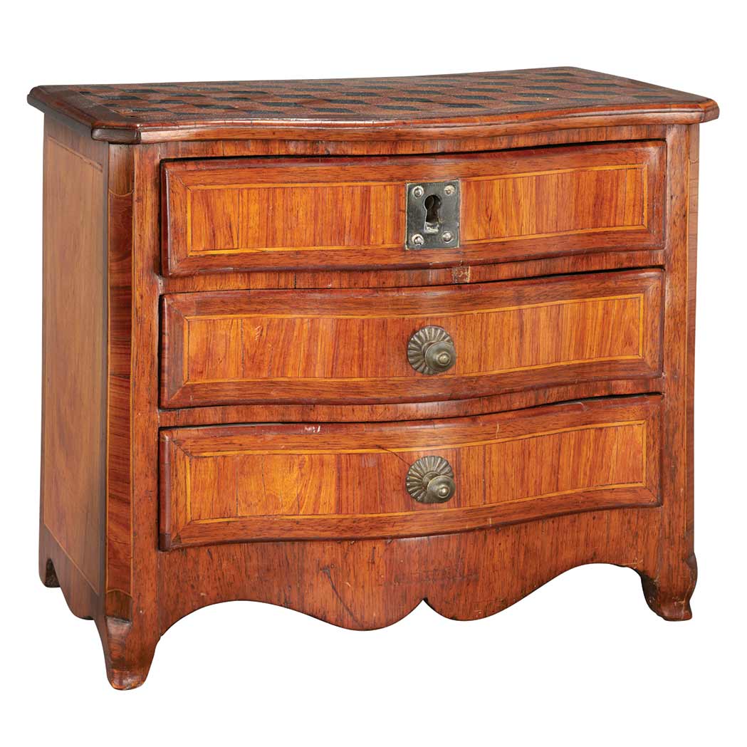 Appraisal: Transitional Louis XV XVI Walnut Tulipwood and Ebony Miniature Commode