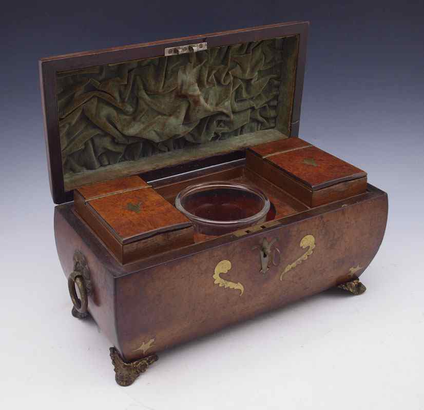 Appraisal: TH CENTURY BOULLE INLAID TEA CADDY Burlwood with boulle inlay