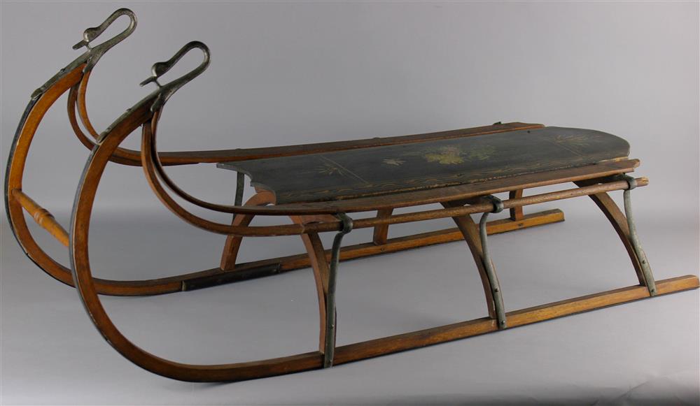 Appraisal: VINTAGE ANTIQUE CHILD'S SLEIGH WITH HAND PAINTING composed on wood