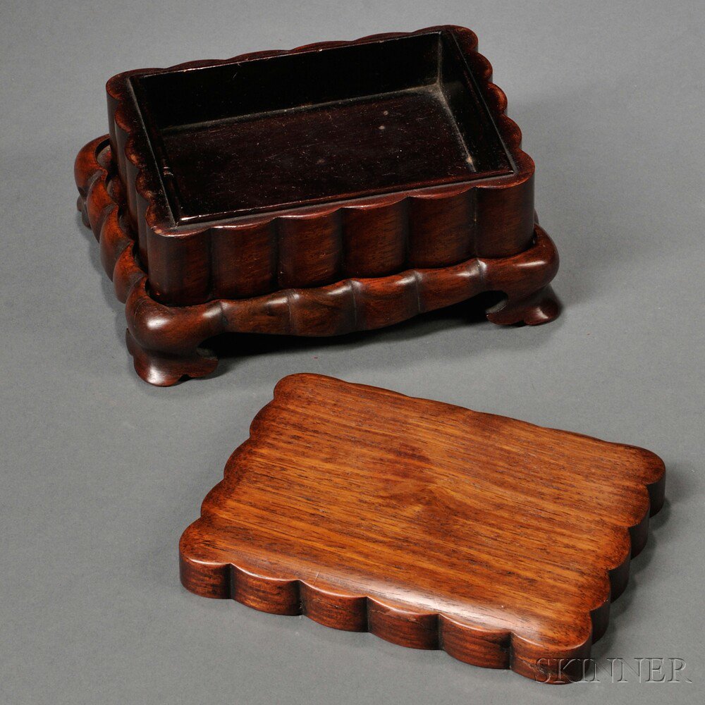 Appraisal: Wood Box with Cover and Stand China rectangular ribbed and