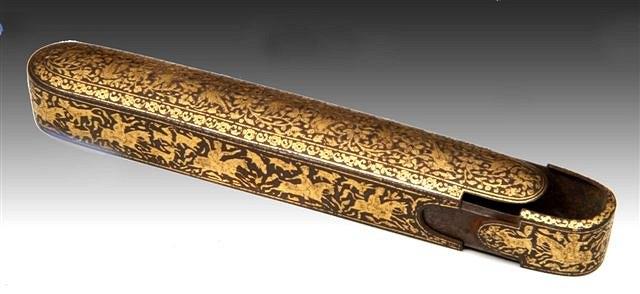 Appraisal: A PERSIAN DAMASCENE GOLD INLAID AND IRON PEN BOX with