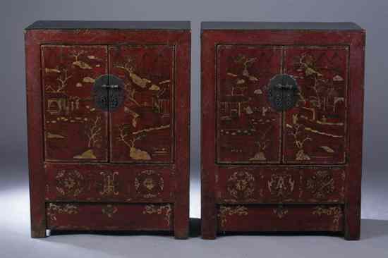 Appraisal: PAIR CHINESE GILT AND RED LACQUERED ELMWOOD CABINETS th century