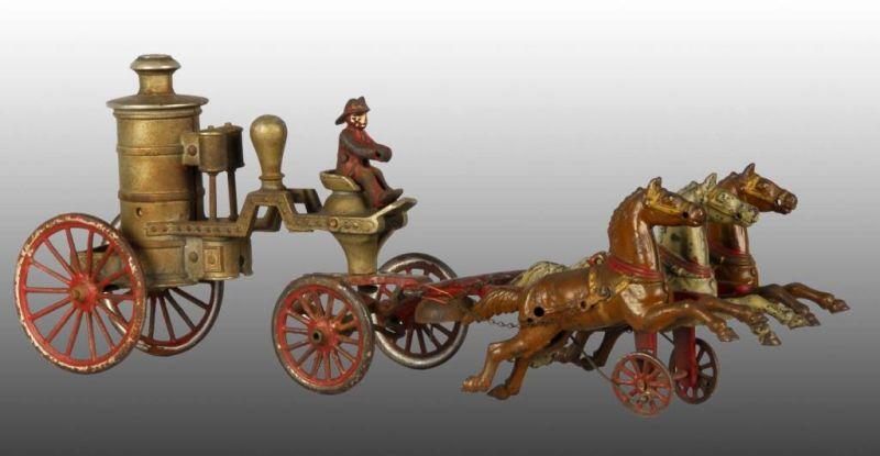 Appraisal: Cast Iron Dent Horse Drawn Fire Pumper Toy Description Nickel-plated