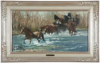 Appraisal: Bonnie Conrad ''Littlehorn River Regulars'' herd of horses crossing a