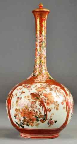 Appraisal: Japanese Satsuma Porcelain Vase CoverBottle-shaped Satsuma vase with long neck