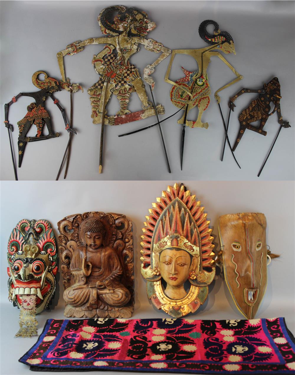 Appraisal: BALINESE SHADOW PUPPETS ALONG WITH ASIAN MASKS AND OTHER ITEMS