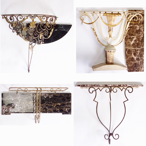 Appraisal: WROUGHT IRON Four wall-mounted console tables with marble tops break