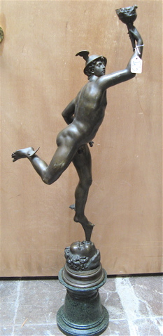 Appraisal: BRONZE FIGURAL SCULPTURE depicting the Greek god Mercury balanced on