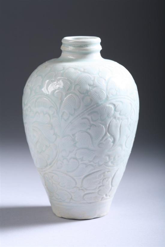 Appraisal: CHINESE QINGBAI PORCELAIN MEIPING Song Dynasty Carved to depict peony