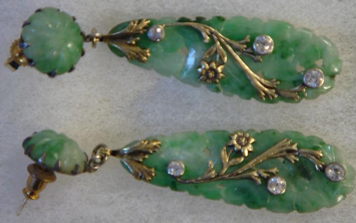 Appraisal: K yg Jade Earrings Carved green jade drops with applied