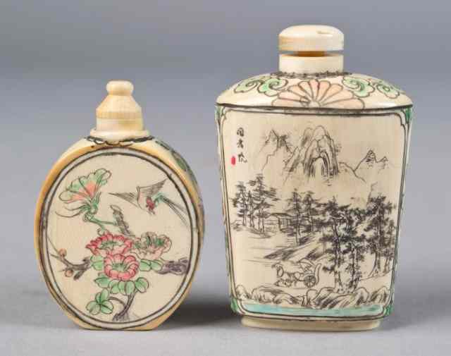 Appraisal: Chinese Polychromed Ivory Snuff BottlesOne finely etched to depict a