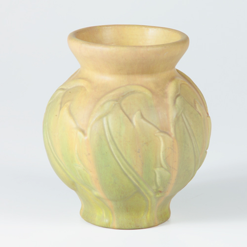 Appraisal: ROSEVILLE Early Velmoss bulbous vase embossed with curled leaves under