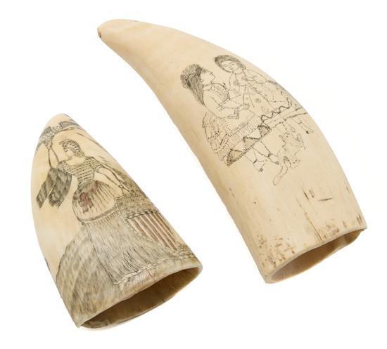 Appraisal: A Group of Two Scrimshaw Whale's Teeth the first depicting