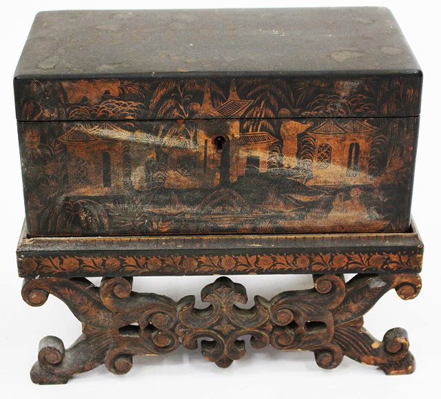 Appraisal: A REGENCY BLACK LACQUERED TEA CADDY of rectangular form decorated