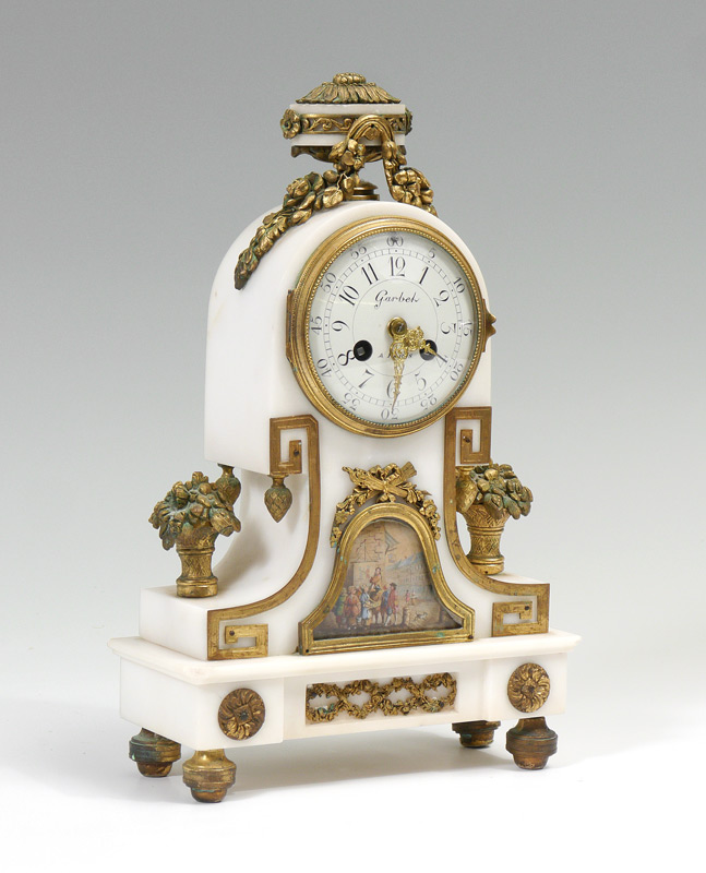 Appraisal: BRONZE MOUNTED FRENCH GARBEL MANTLE CLOCK White marble case with