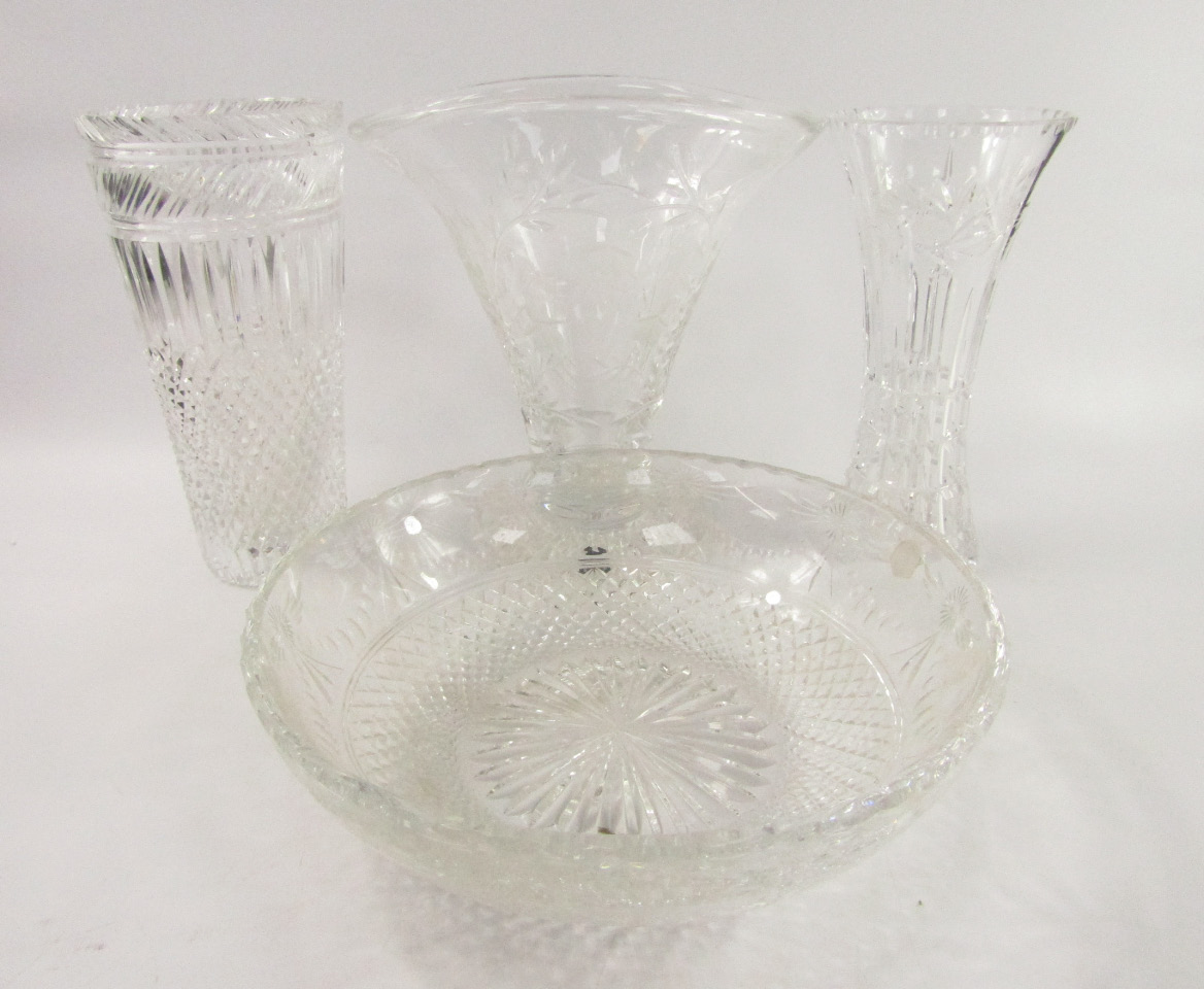 Appraisal: A Stuart Crystal Beaconsfield dish Edwardian Etruscan vase traditional conical