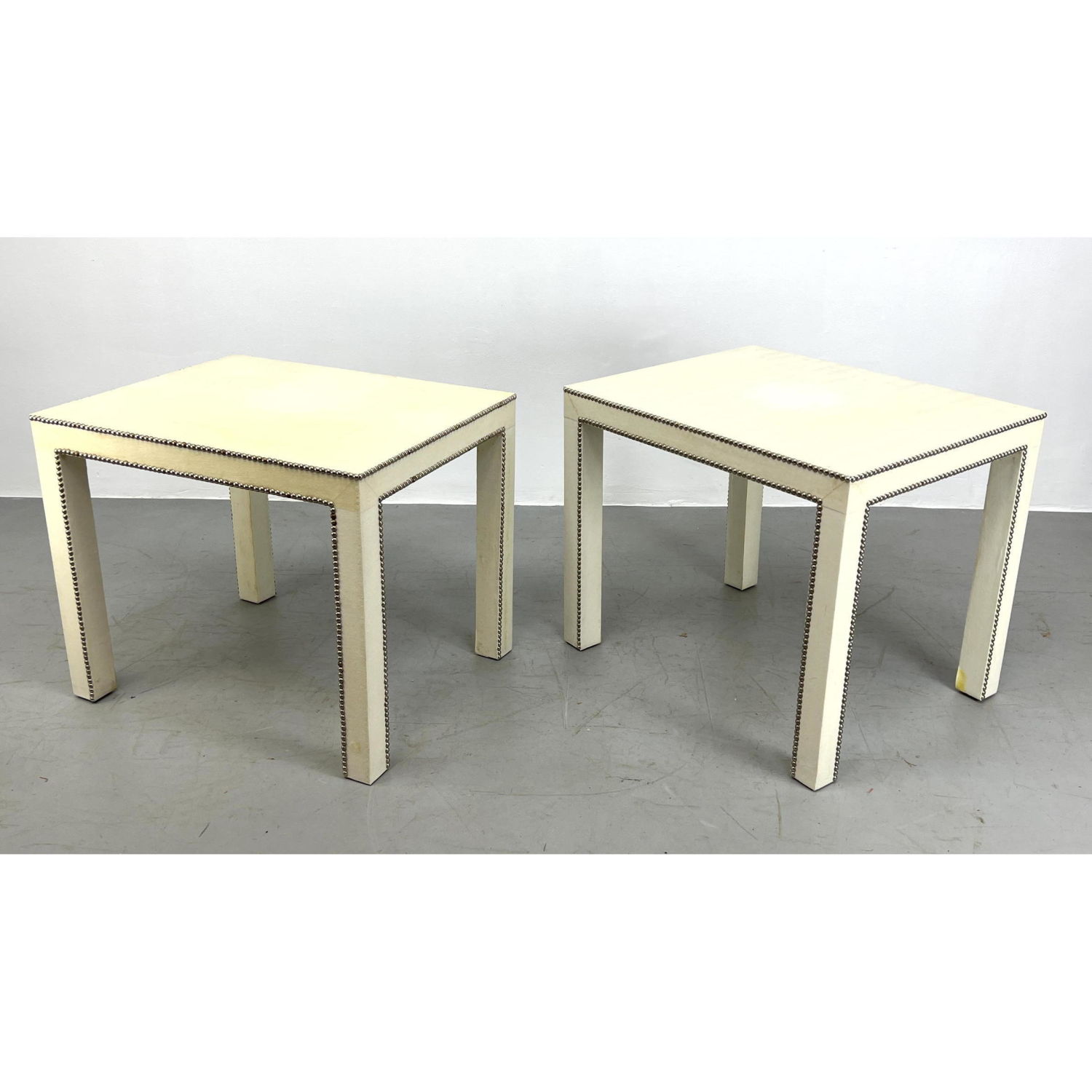 Appraisal: Pair Faux Leather Parson Style Side Tables Stud design Dimensions