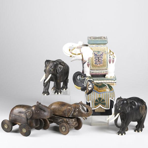 Appraisal: ELEPHANT GROUPING Six pieces include two teak with ivory tusks