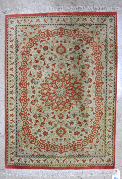 Appraisal: HAND KNOTTED SILK MAT Sino-Persian overall floral design hand tied