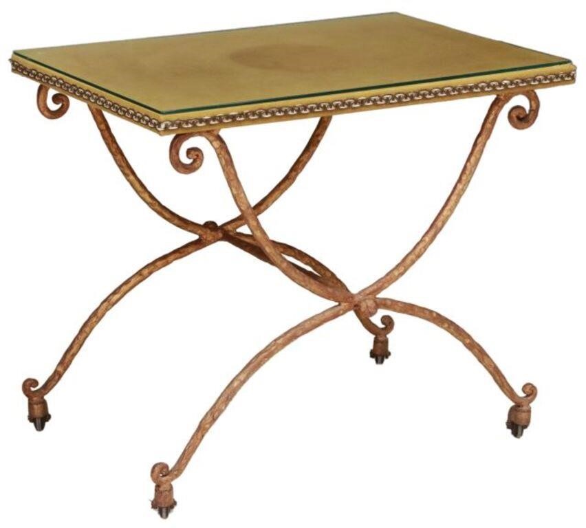 Appraisal: Italian glass-top side table early th c fabric-clad tabletop wrought