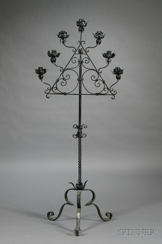 Appraisal: Baroque-style Wrought Iron Seven-Light Floor Candelabrum early th century with