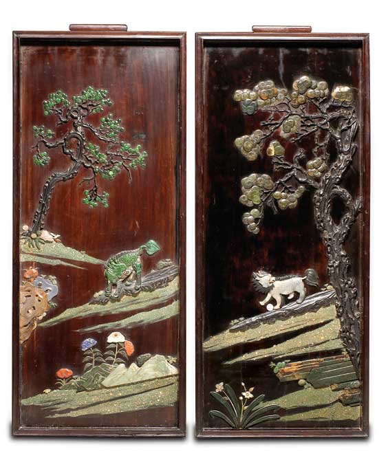 Appraisal: PAIR ANTIQUE CHINESE APPLIQU PANELS Pair well carved and appliqu