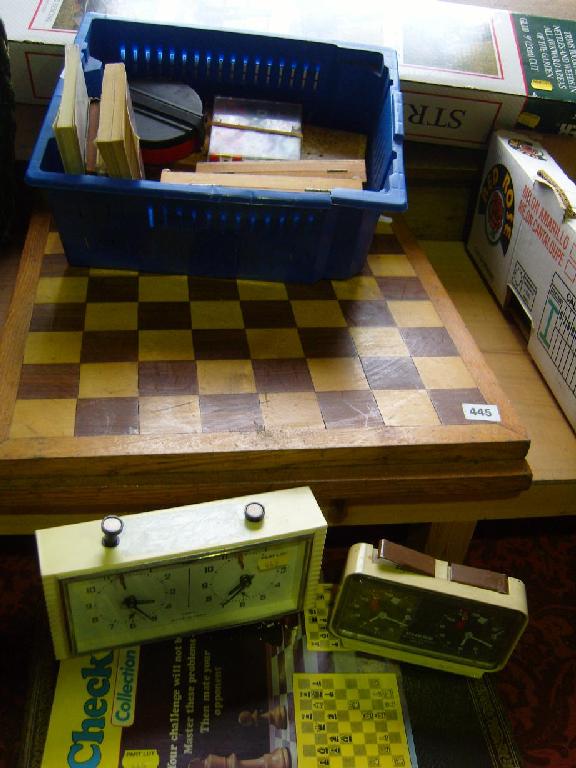 Appraisal: A collection of chess related items including two inlaid wooden