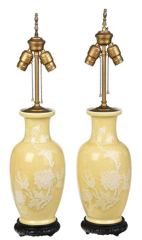 Appraisal: Pair Chinese Vases Mounted as Lamps th century each pale