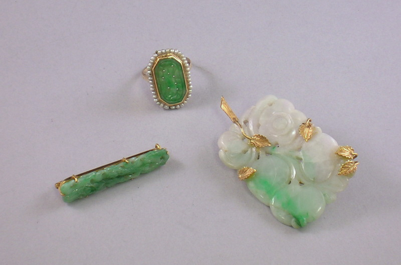 Appraisal: Three Gold and Carved Jade Jewelry Items two kt gold