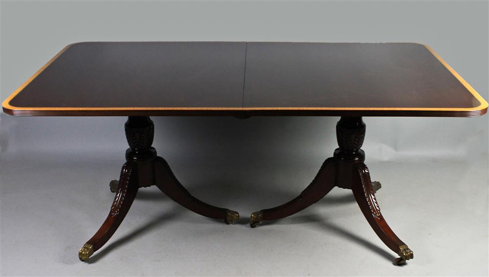 Appraisal: GULDEN CARVED AND INLAID MAHOGANY DOUBLE PEDESTAL DINING TABLE WITH