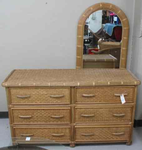 Appraisal: WICKER RATTAN DRESSER AND MATCHING WALL MIRROR recent production the