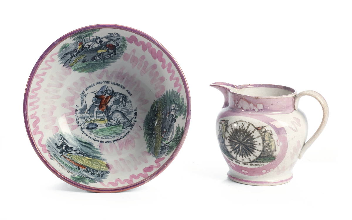 Appraisal: SUNDERLAND ENAMEL PINK LUSTRE -DECORATED AND BLACK TRANSFER-PRINTED BOWL S