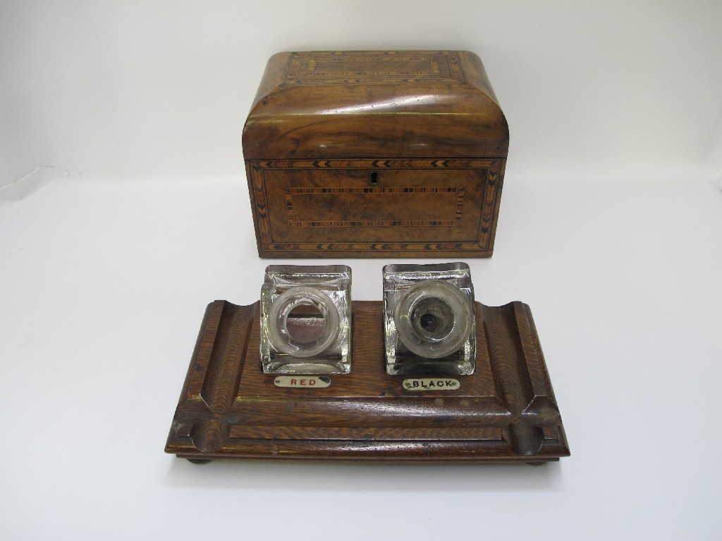 Appraisal: Tunbridgeware tea caddy and an oak desk stand