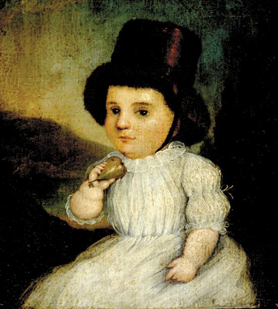 Appraisal: American school th century PORTRAIT OF YOUNG CHILD WITH PEAR