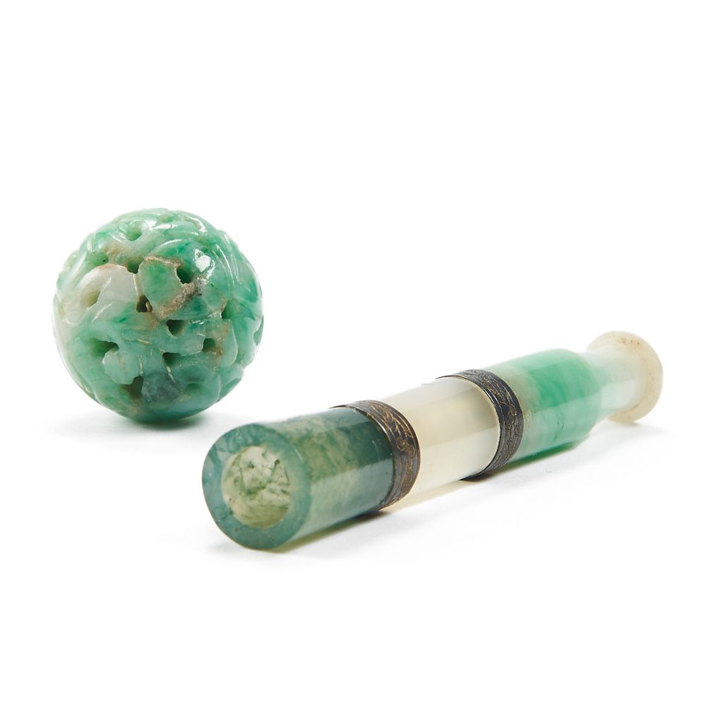 Appraisal: Grp Jade Bead Agate Cigarette Holder A lovely green and