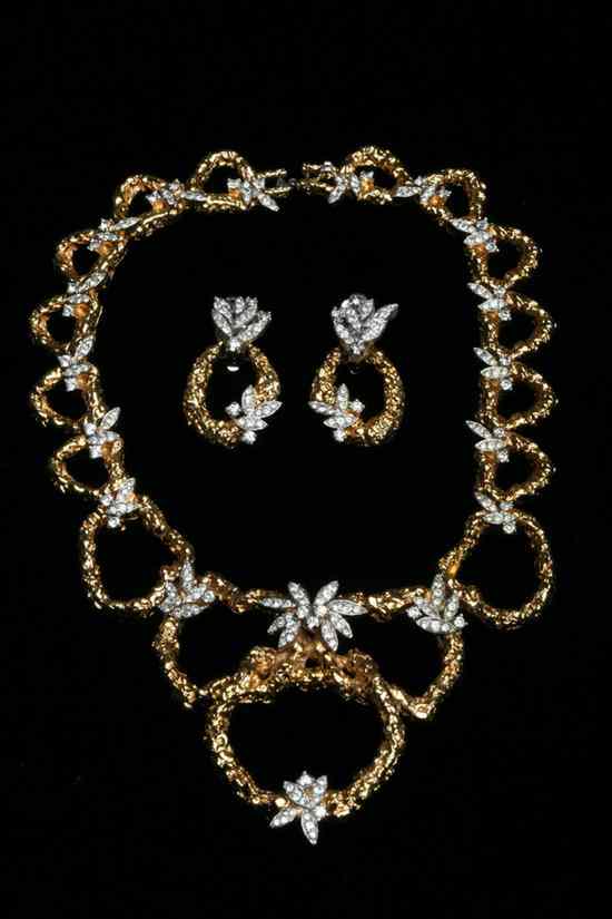 Appraisal: SIGNED JOMAZ GILT-METAL AND RHINESTONE NUGGET-TEXTURED FLEXIBLE-LINK CHOKER WITH PAIR