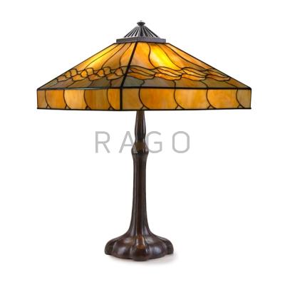 Appraisal: HANDEL Table lamp its rare four-sided shade with leaf pattern