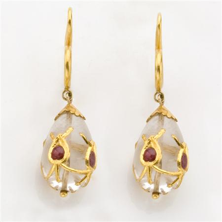 Appraisal: Pair of Gold Rock Crystal and Cabochon Ruby Pendant-Earrings Estimate