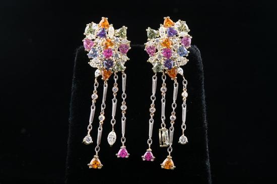 Appraisal: PAIR K YELLOW GOLD DIAMOND AND MULTICOLORED SAPPHIRE CHANDELIER EARRINGS