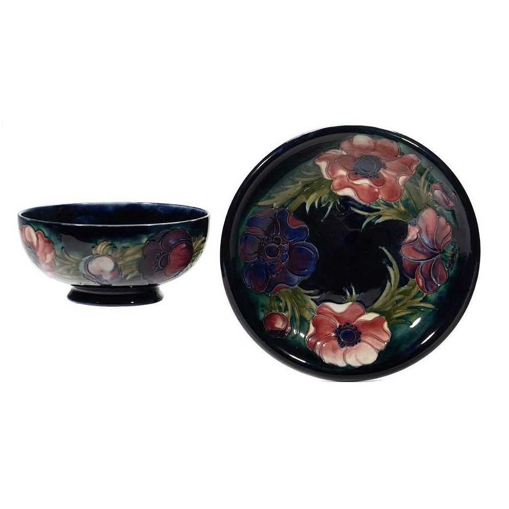 Appraisal: Moorcroft Pottery Bowl and Plate Both decorated with Anemone Pattern