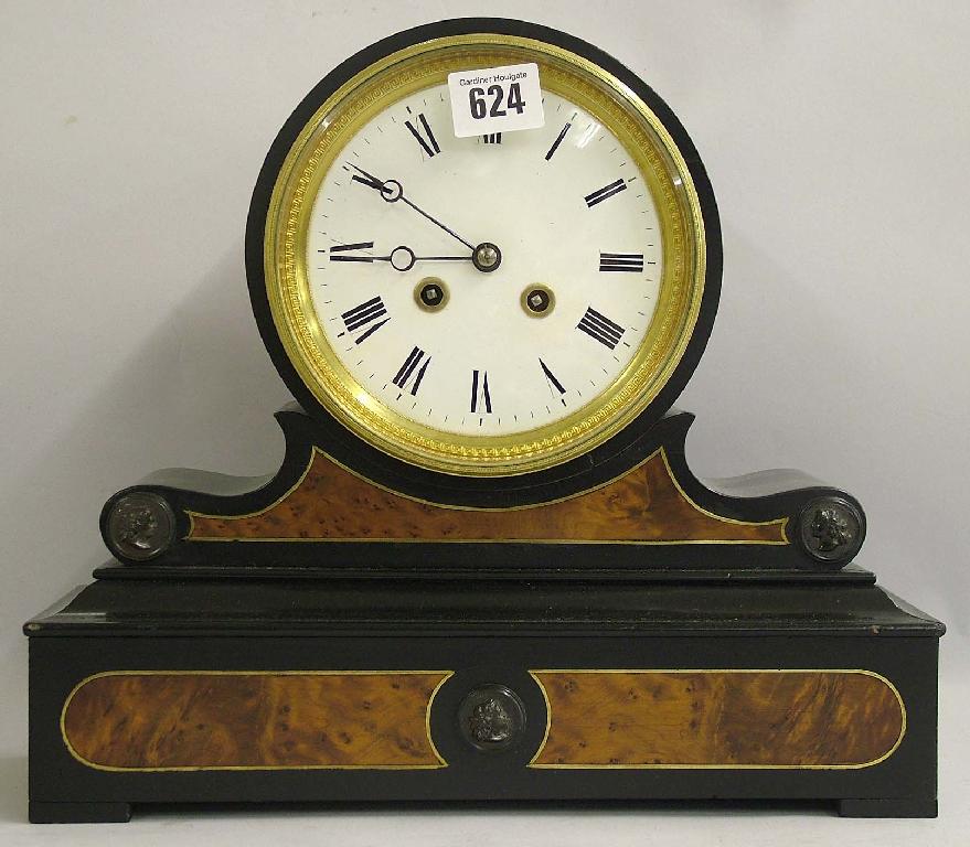 Appraisal: Ebonised and burr walnut two train drumhead mantel clock the