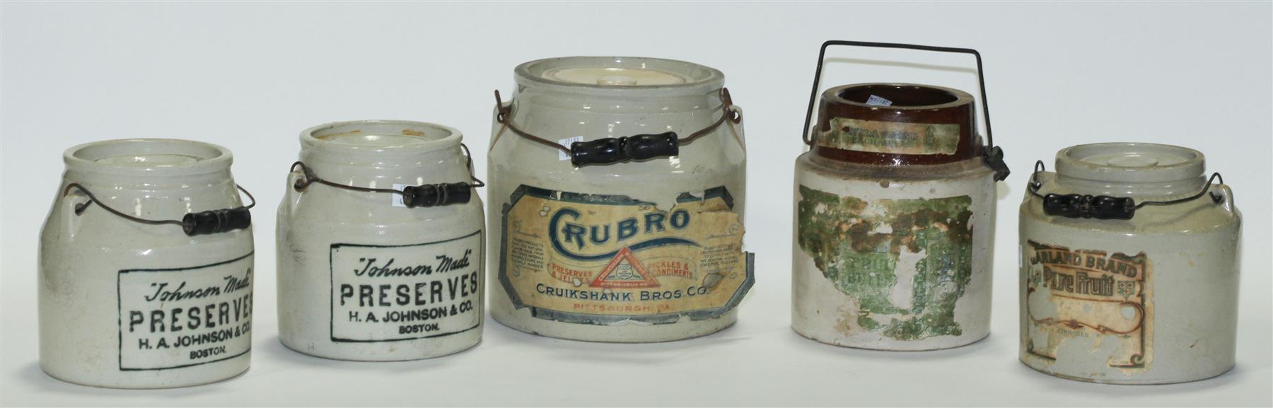 Appraisal: FIVE STONEWARE JARS WITH BALE HANDLES AND LABELS American ca