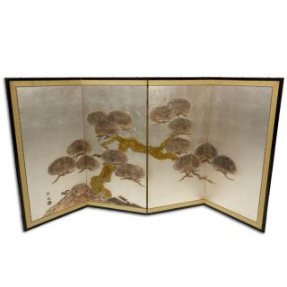 Appraisal: Antique Japanese -Panel Silvered and Gold Leaf Painted Screen Signed