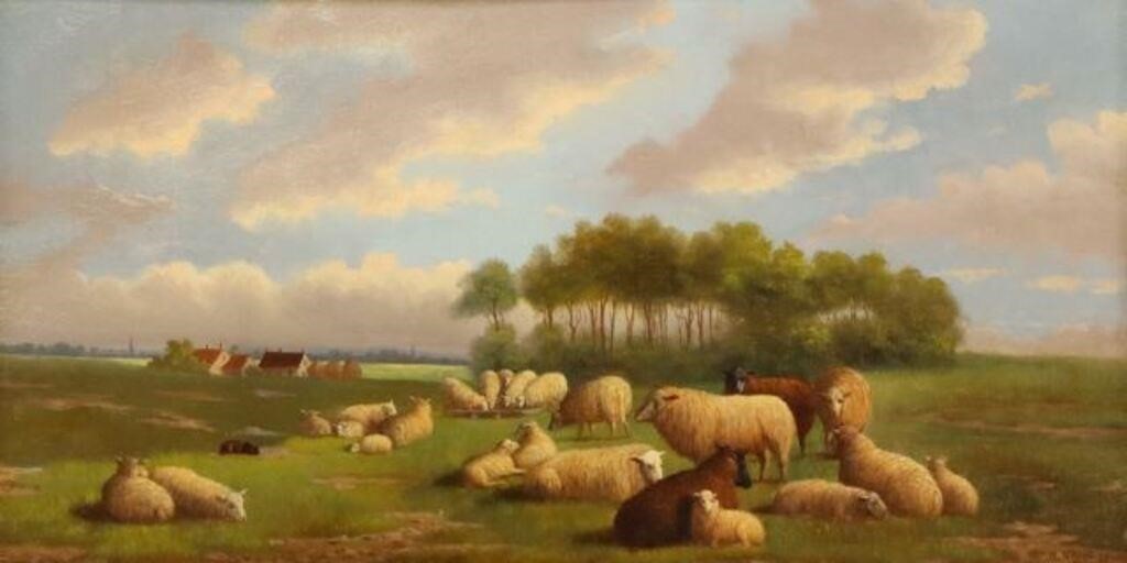 Appraisal: Framed oil on board painting Pastoral Landscape with Sheep signed