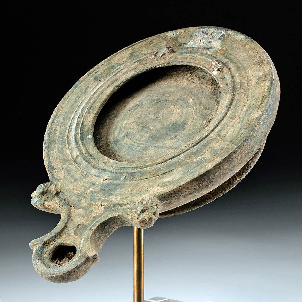 Appraisal: Huge nd C Roman Bronze Footed Oil Lamp Roman Imperial